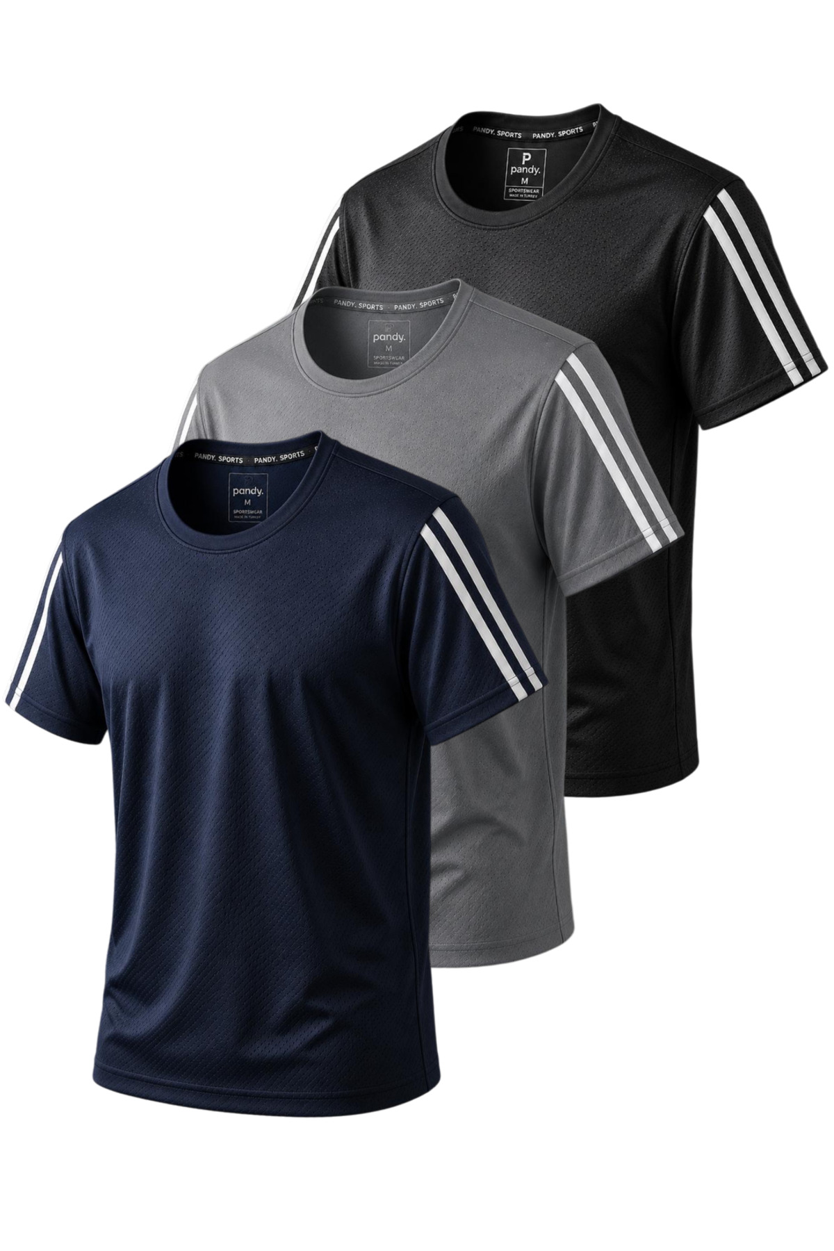 pandy 3'lü Kol Şeritli Hızlı Kuruma Özellikli Nefes Alabilen Kumaş Spor T-shirt