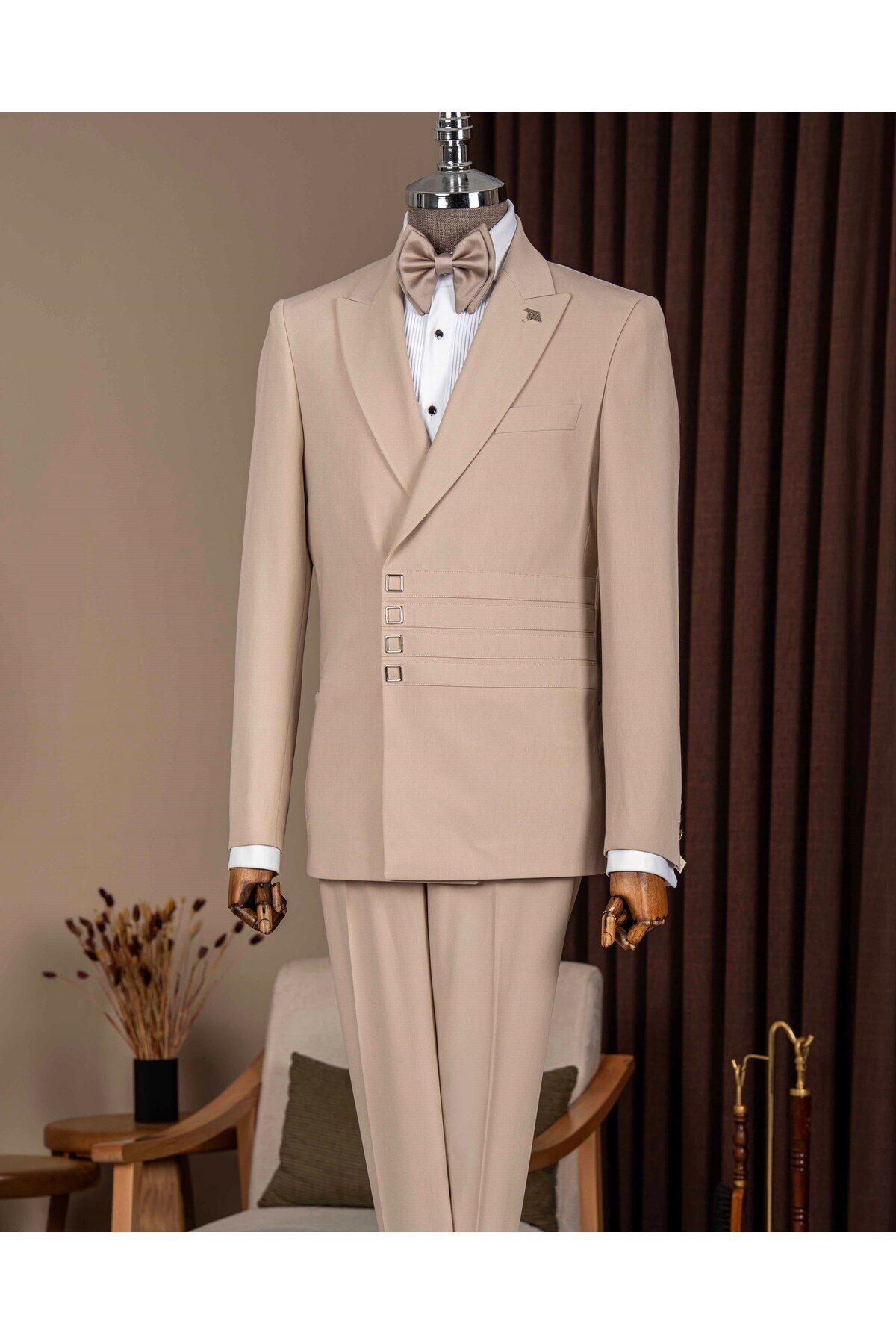 TerziAdemAltun Slim Fit Men's Pointed Collar Stripe Detailed Jacket Pants Suit Beige T20146-09