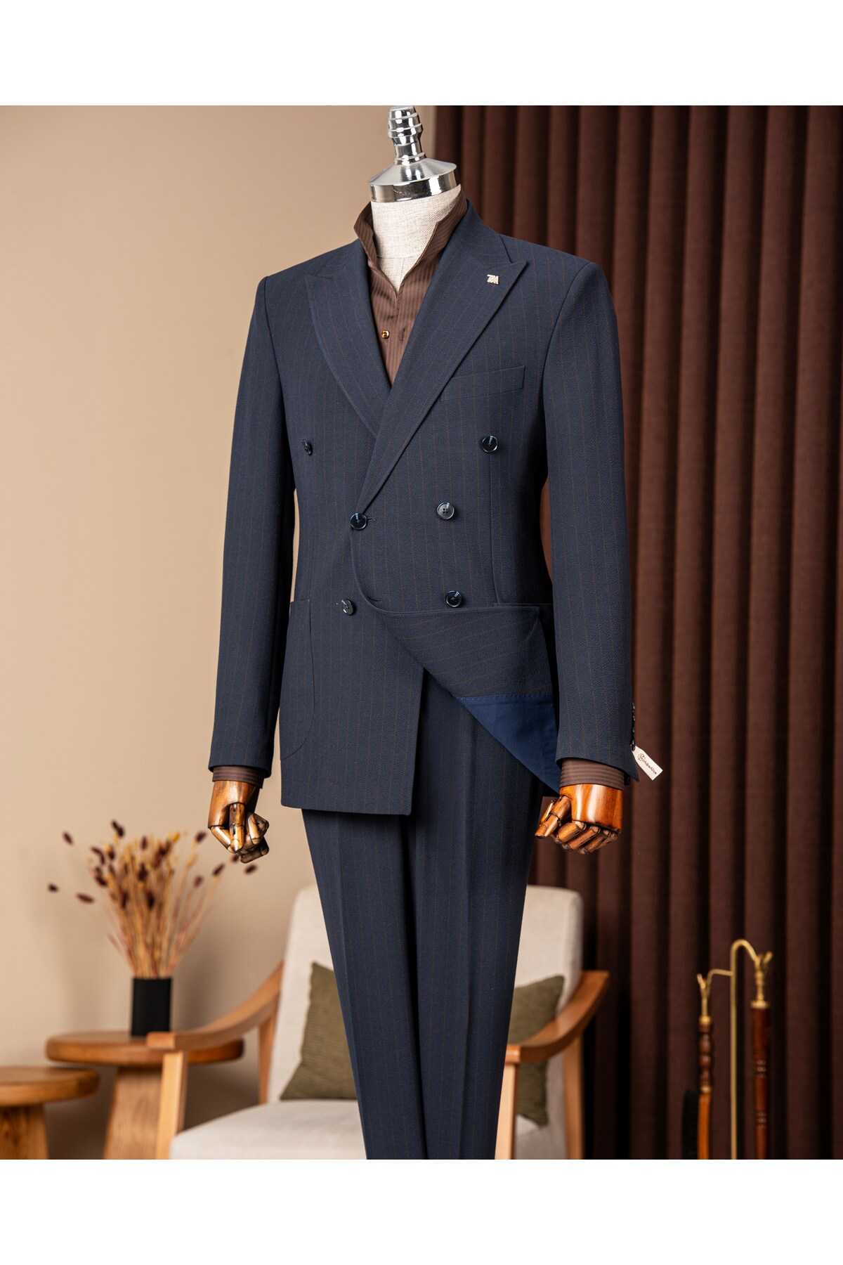 TerziAdemAltun Slim Fit Men's Double-Breasted Bag Pocket Jacket Pants Suit Navy Blue T20109-02
