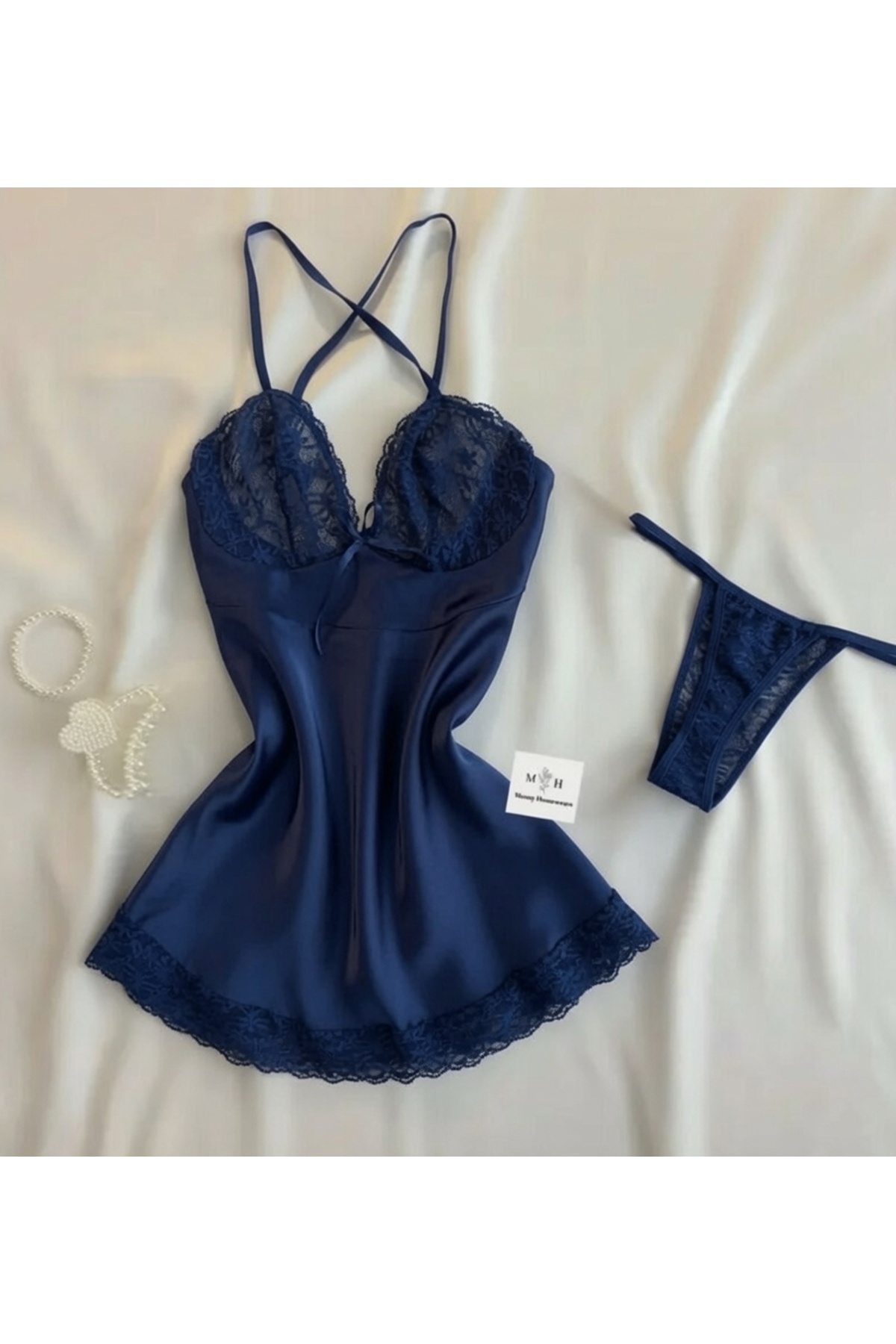MH Moony Homewears 2'li Lacivert Ekstra Mini Saten Gecelik İç Giyim Seti