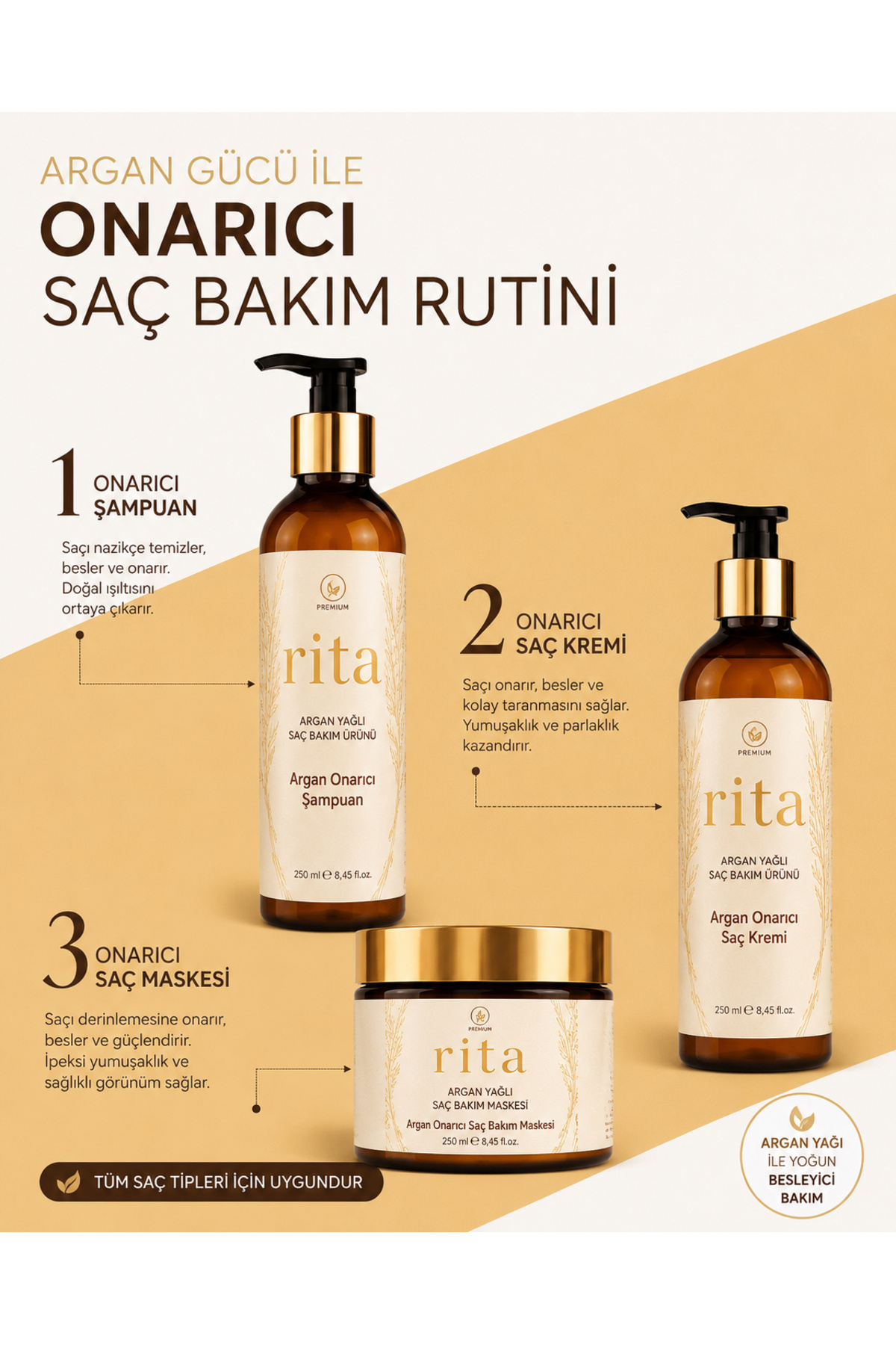 Argan Yağlı Saç Bakım Seti 3’lü | Şampuan 250 ml + Saç Kremi 250 ml + Yoğun Onarıcı Saç Maskesi 250 ml — BKMSET — تصویر 7 از 9