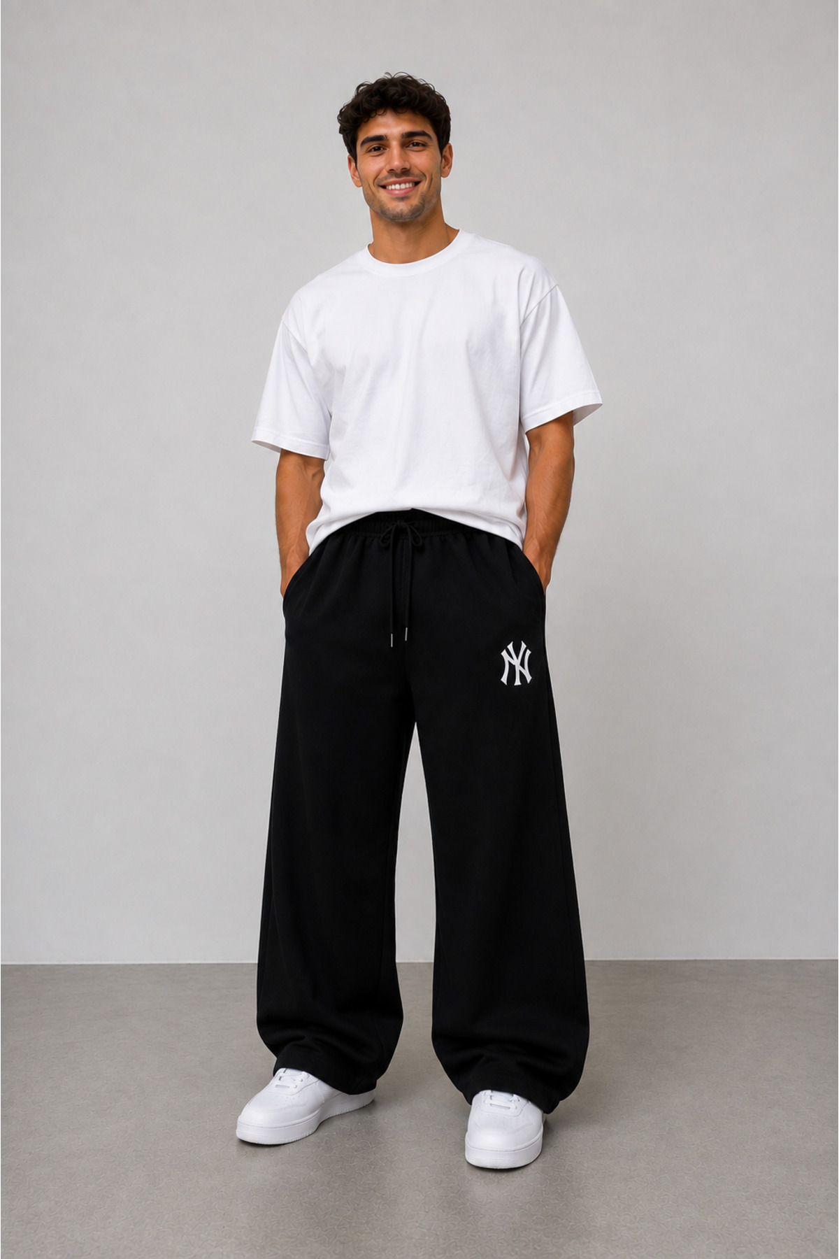 yx yustex sport 2'li Erkek NY Baskılı Eşofman Altı (Siyah-Gri) Bol Paça Oversize Kalıptır. görsel 4