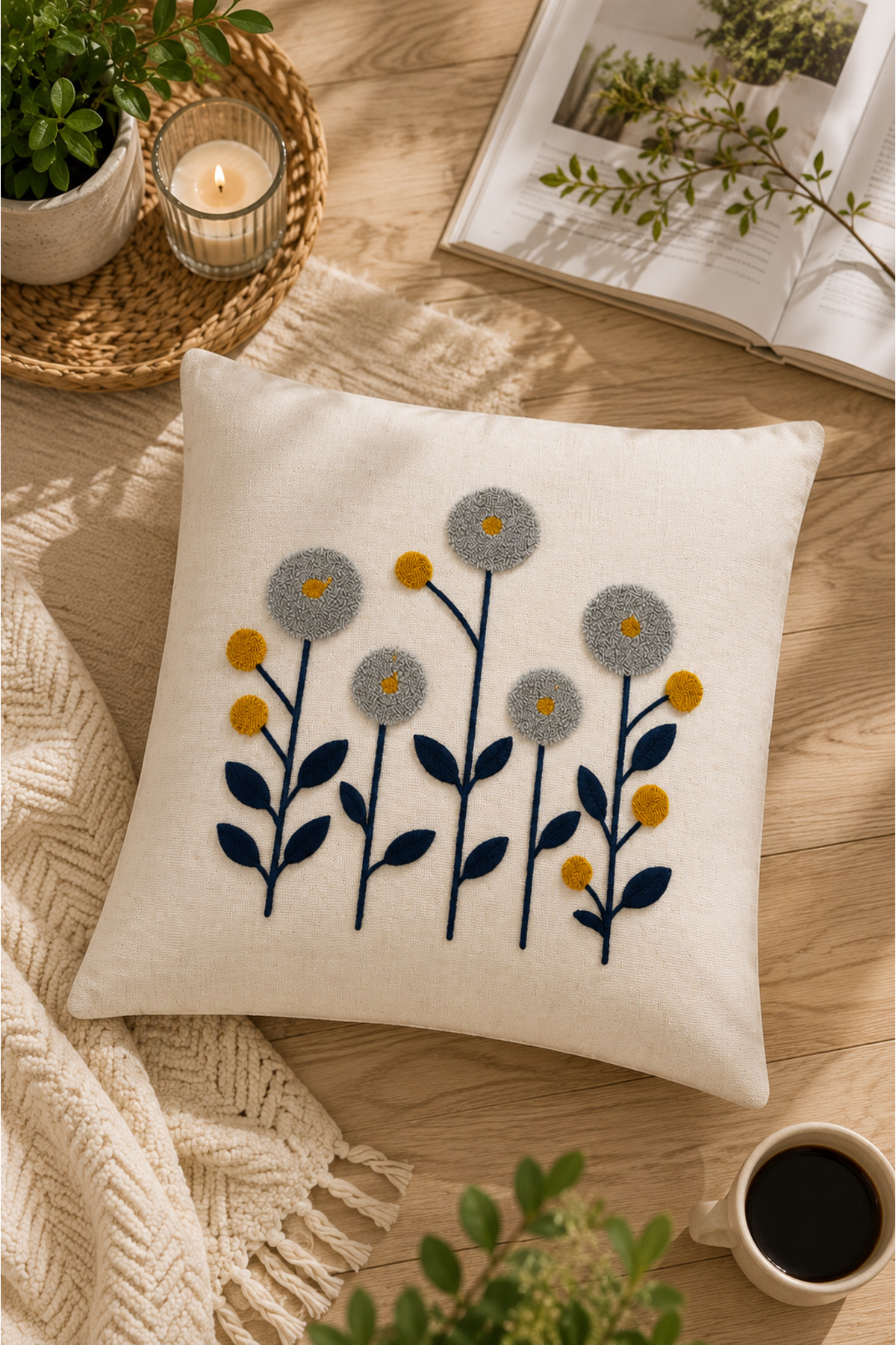 Dekoratif Punch Kırlent Kılıfı Keten Kumaş Gizli Fermuarlı 43x43