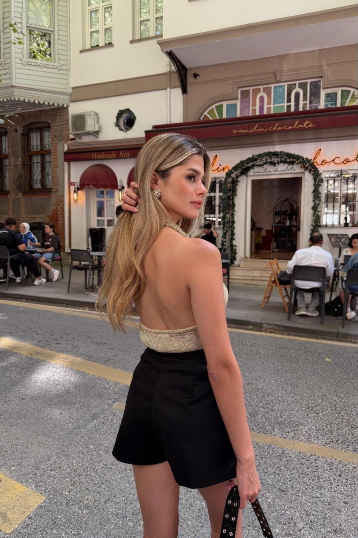 KENZA'A TRİKO Degaje Yaka Ajurlu Simli Bluz görsel 7