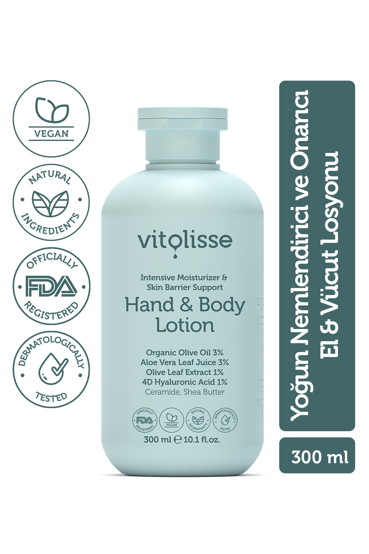 Vitolisse El ve Vücut Losyonu 300ml – Yoğun Nemlendirici Bariyer Destekleyici Vegan (%3 Organik Zeytinyağı) — VIT100