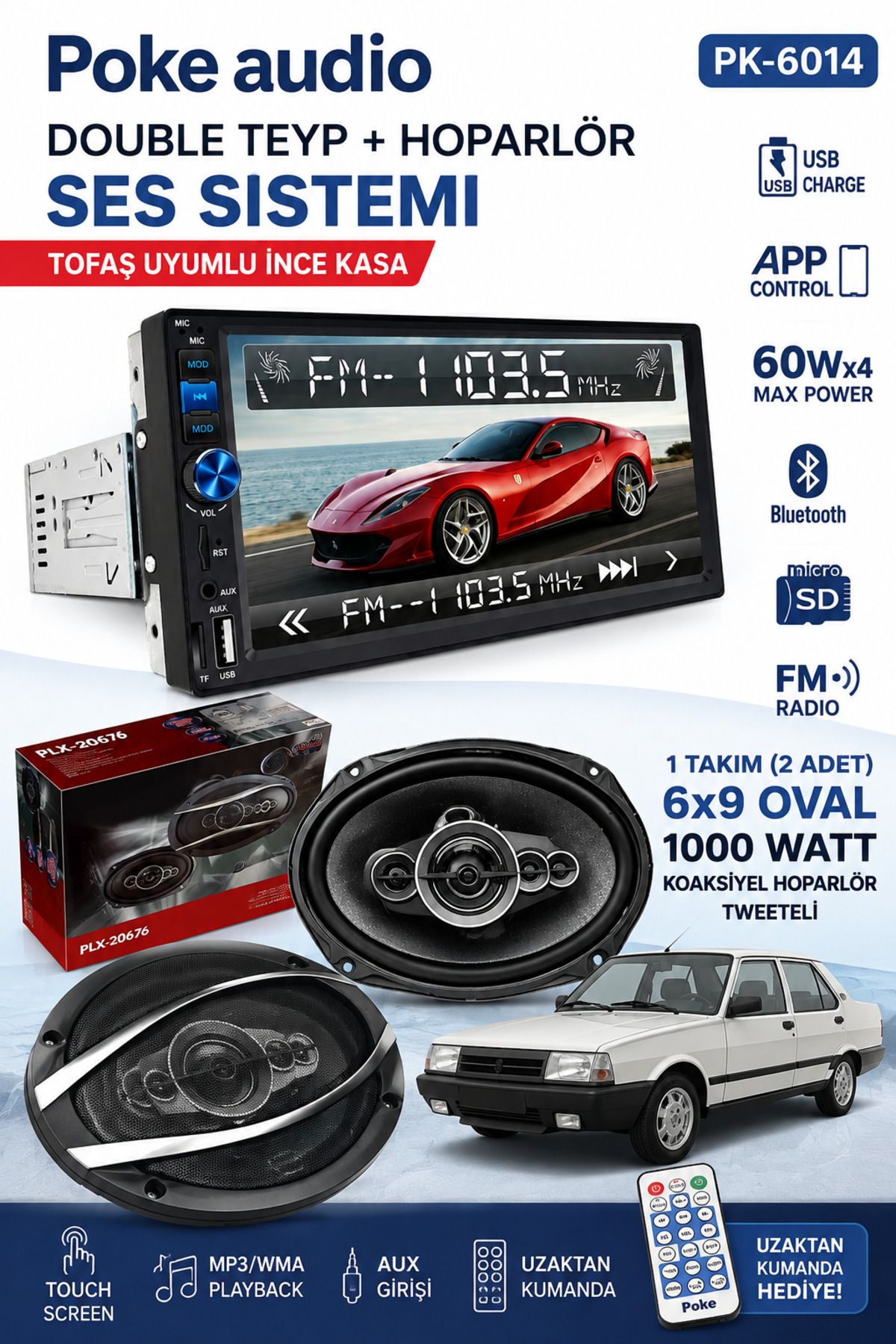 poke audio Tofaş Uyumlu İnce Kasa Double Teyp + 6x9 Oval 1000W