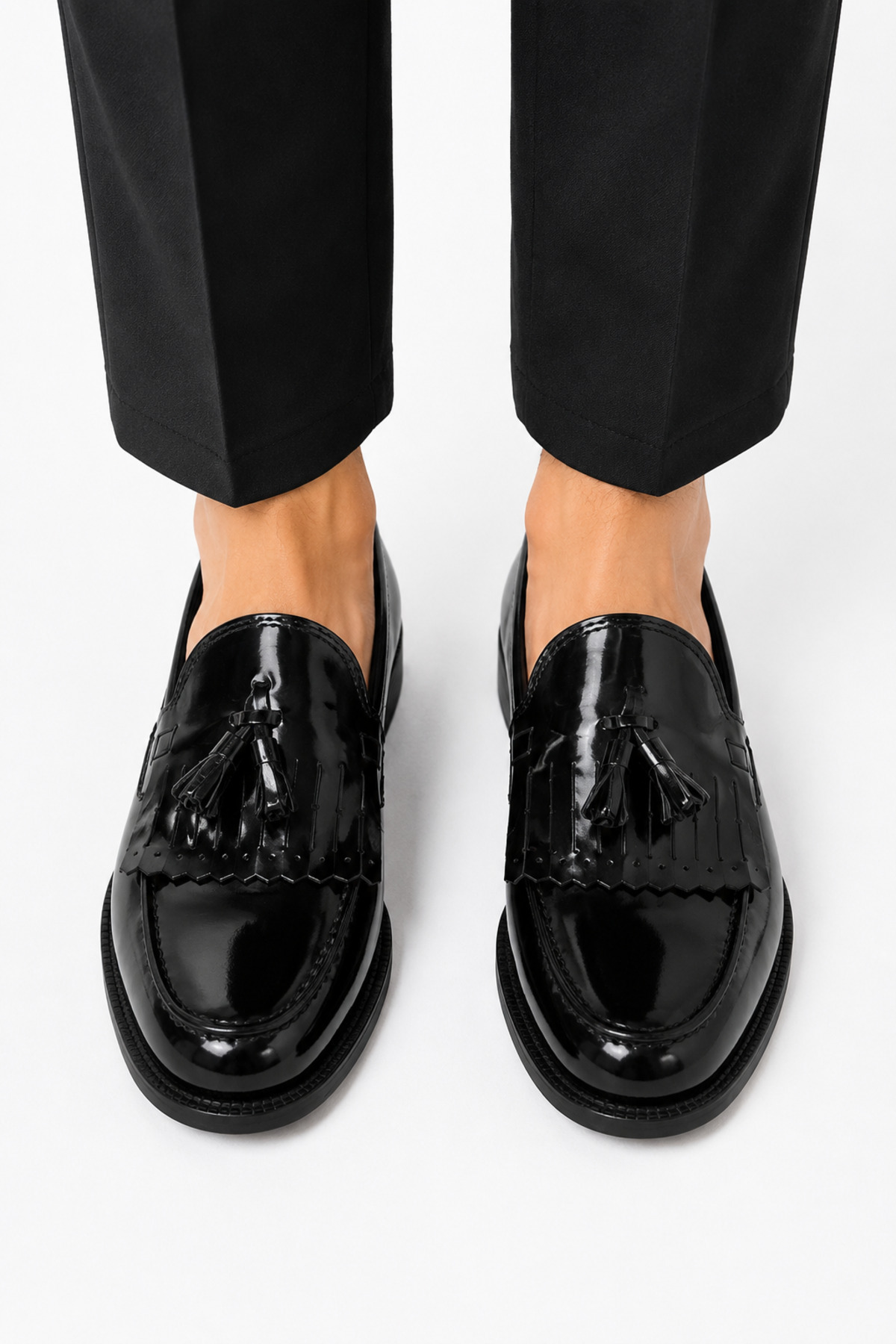 By Sabit Unisex Siyah Püsküllü Corcik Loafer Ayakkabı Bağcıksız Klasik Günlük Şık Kundura görsel 6