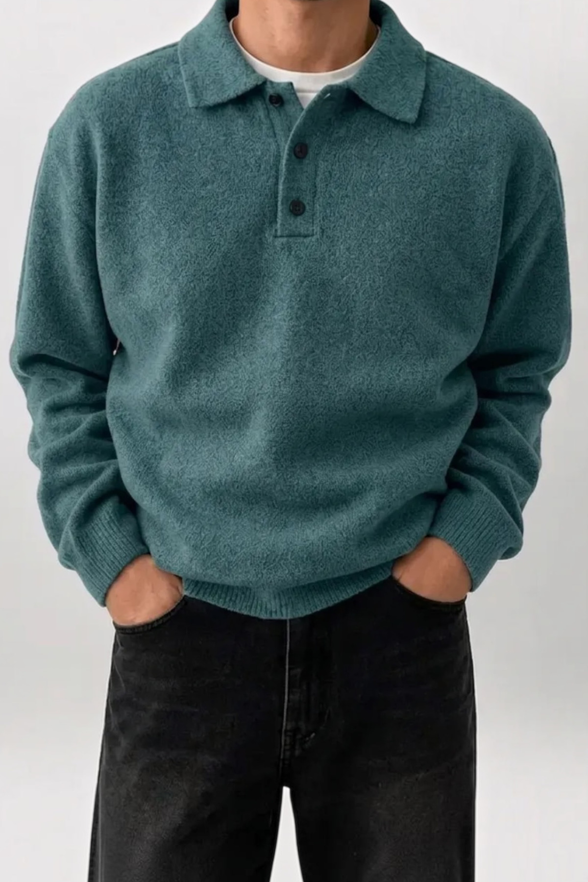 SERABLANKA Erkek Polo Yaka Oversize Triko Kazak, Rahat Kalıp görsel 2