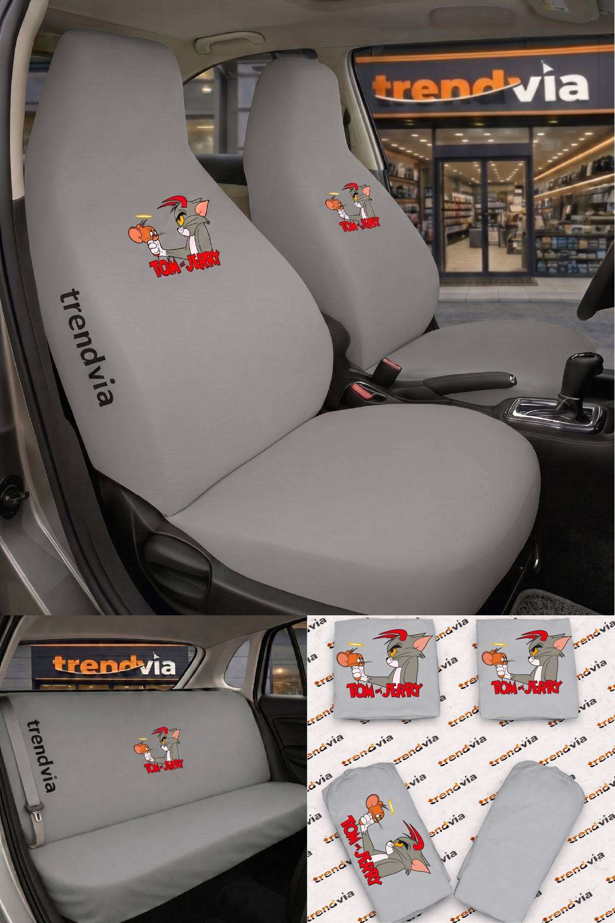 trivexa Tom ve Jerry Logolu Oto Koltuk Kılıfı Ön Arka Set – Penye Likralı Universal Koltuk Koruyucu Servis Kılıfı