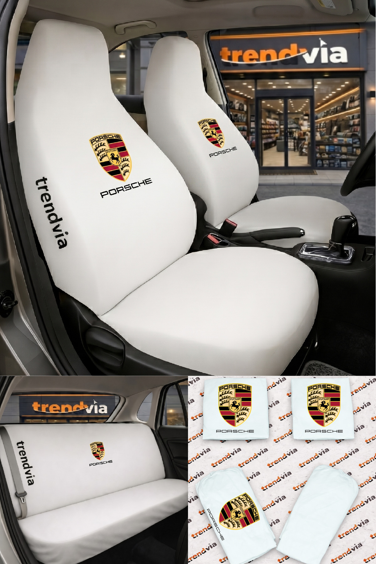 trivexa Porsche Logolu Oto Koltuk Kılıfı Ön Arka Set – Penye Likralı Universal Koltuk Koruyucu Servis Kılıfı
