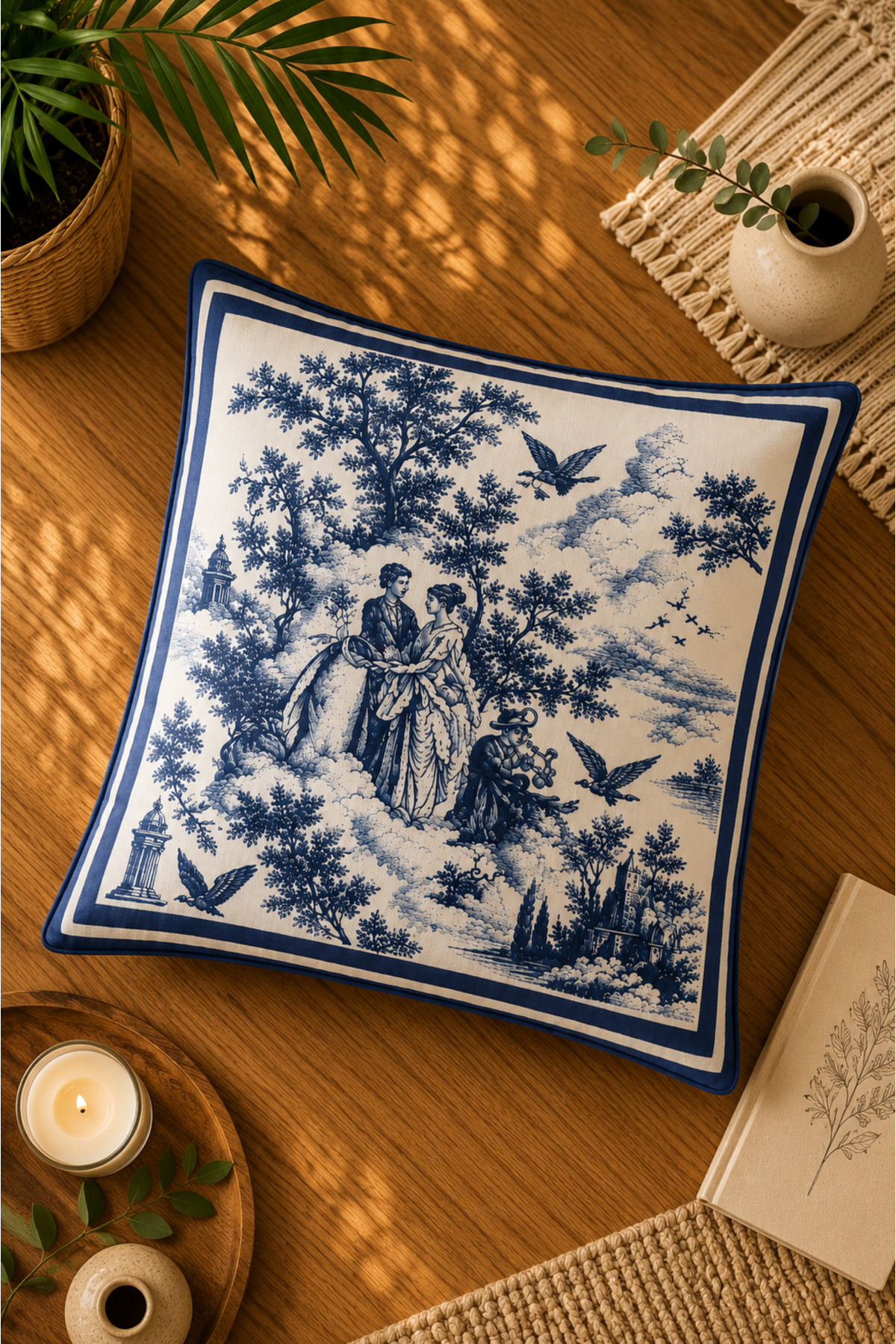 Dijital Baskılı Dekoratif Kırlent Kılıfı 43x43 cm – Modern Desenli Keten Dokulu