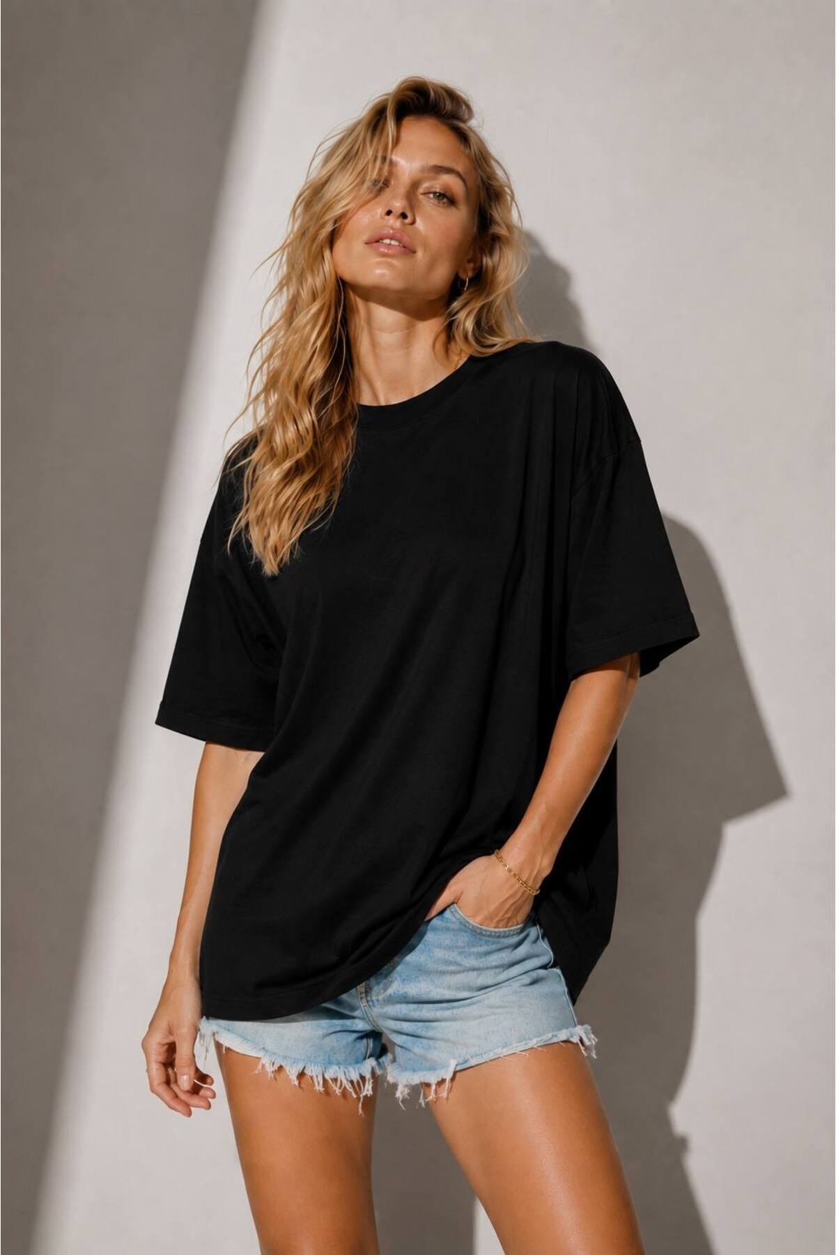 RAPHMOND İSVEÇ KALİTESİ Kadın Bisiklet Yaka Oversize Düz Basic T-Shirt / Tişört görsel 2