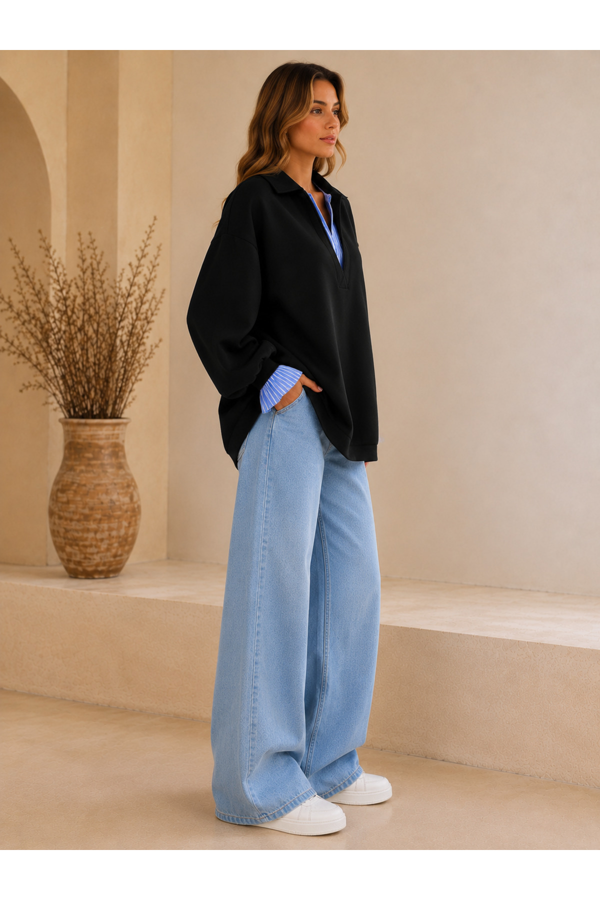 Afri Siyah Kadın Oversize Gömlek Yaka Sweatshirt, Çizgili Poplin Detaylı Rahat Kesim Uzun Kollu Sweat görsel 3