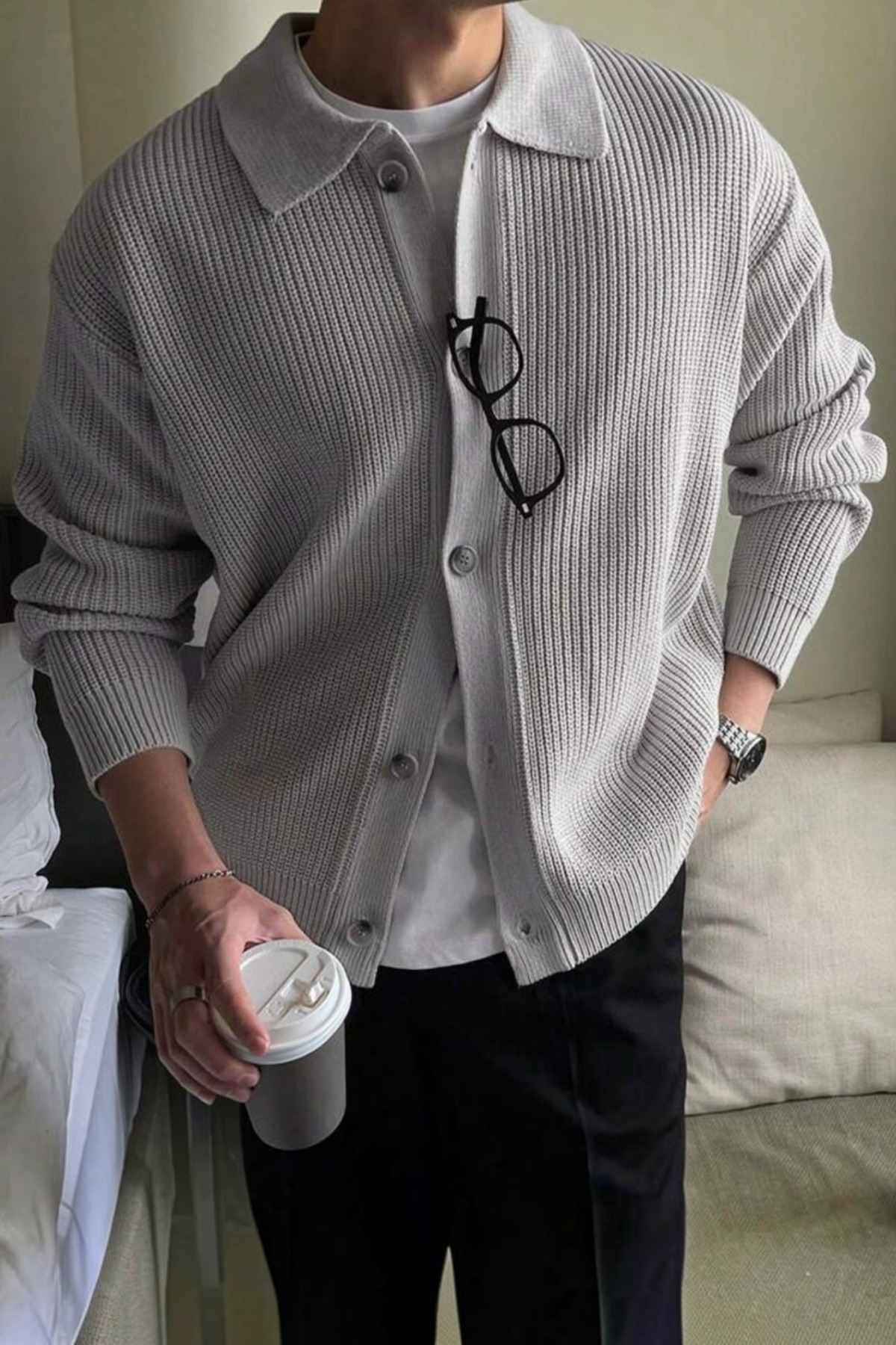 Erkek Polo Yaka Oversize Triko Hırka — خاکستری TRİKO-HIRKA — تصویر 3 از 5