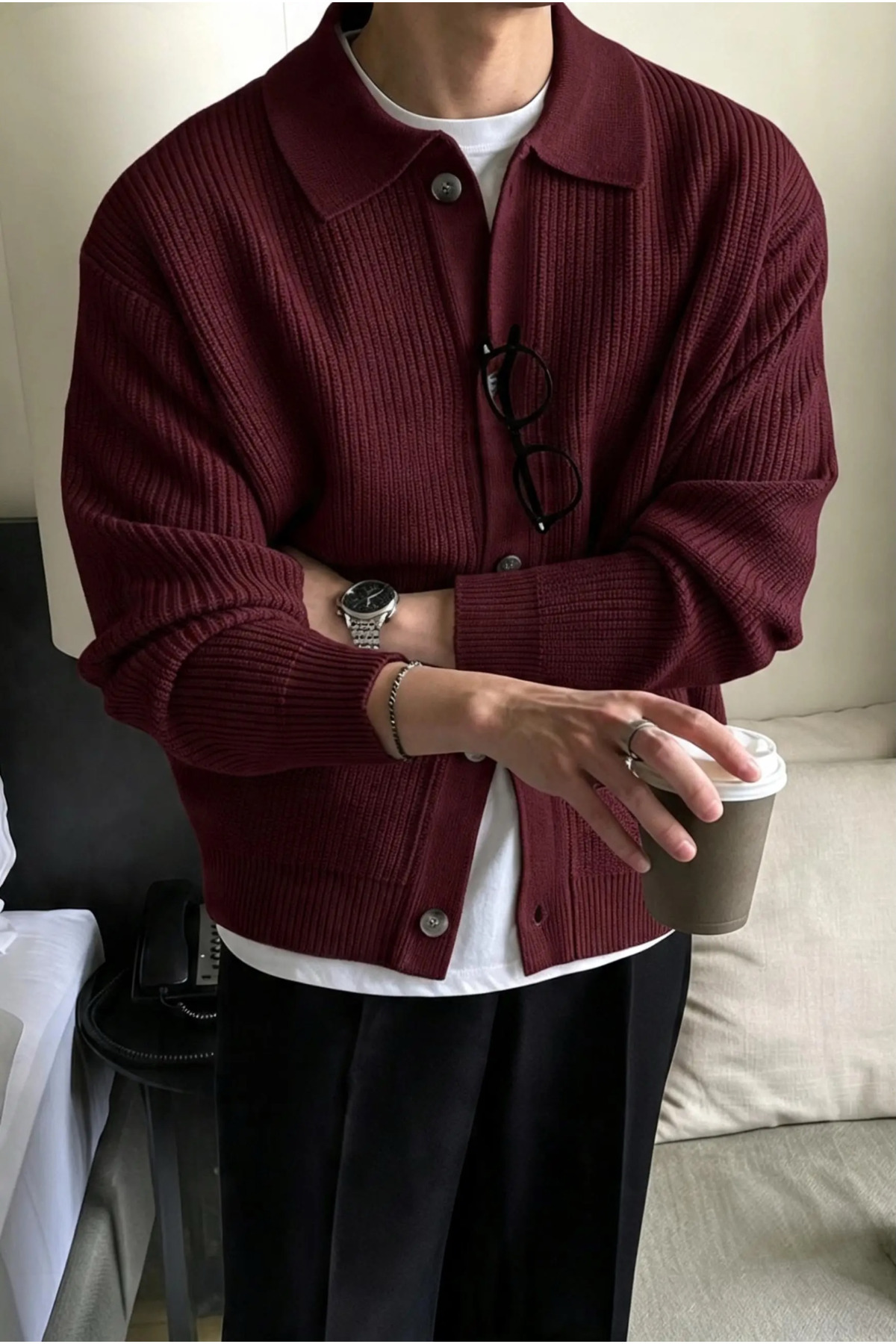 SERABLANKA Erkek Polo Yaka Oversize Triko Hırka görsel 3