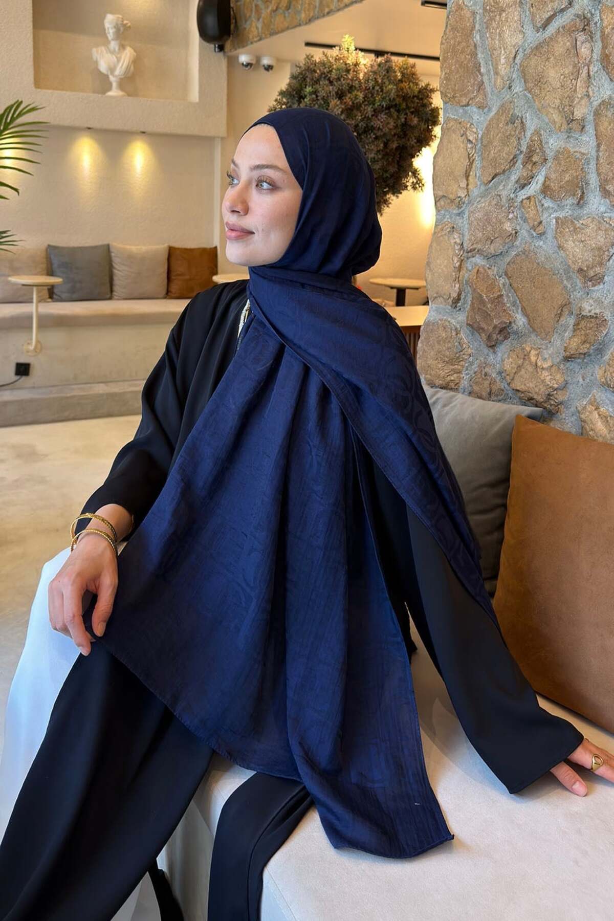 lamelif CC Desen Aura Pamuk Jakar Şal Lacivert görsel 3