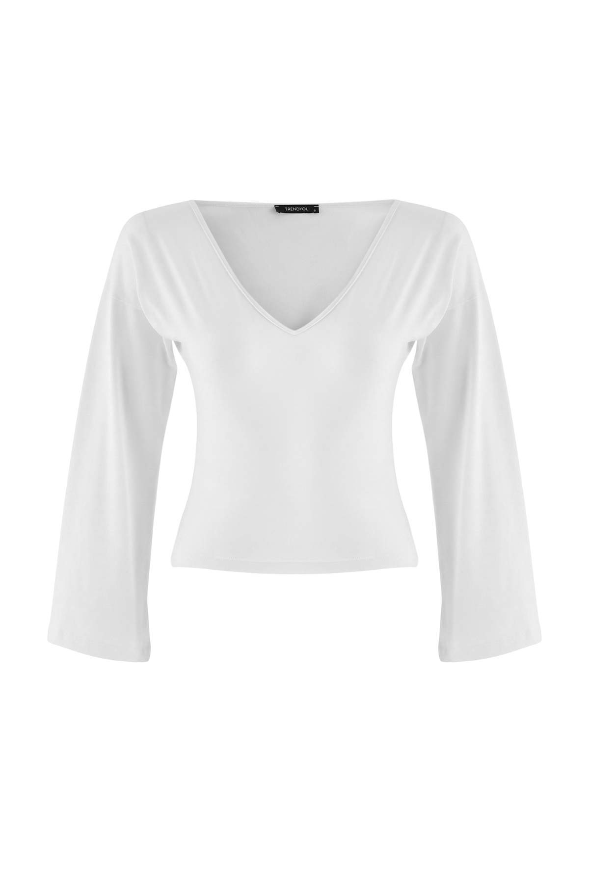 Trendyolmilla Ekru Düz Fitted V Yaka İspanyol Kol Uzun Crop Likralı Süprem Örme Bluz TWOAW27BZ00079