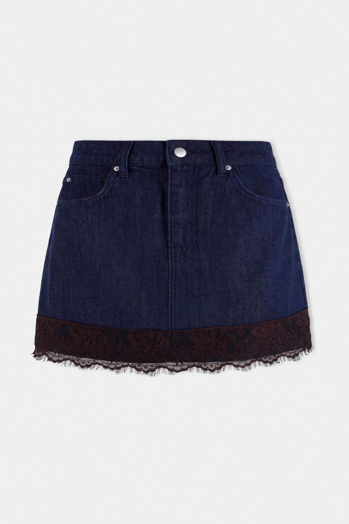 Trendyolmilla Koyu Mavi Dantel Detaylı Yüksek Bel Mini Denim Etek TWOAW27ET00005