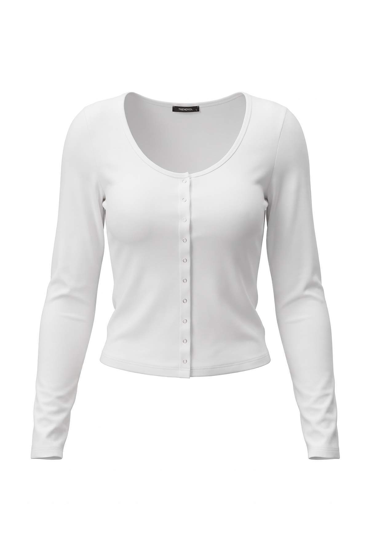 Trendyolmilla Ekru Düz Fitted Havuz Yaka Parmak Geçmeli Çıtçıtlı Viskon Ribana Örme Bluz TWOAW27BZ00118