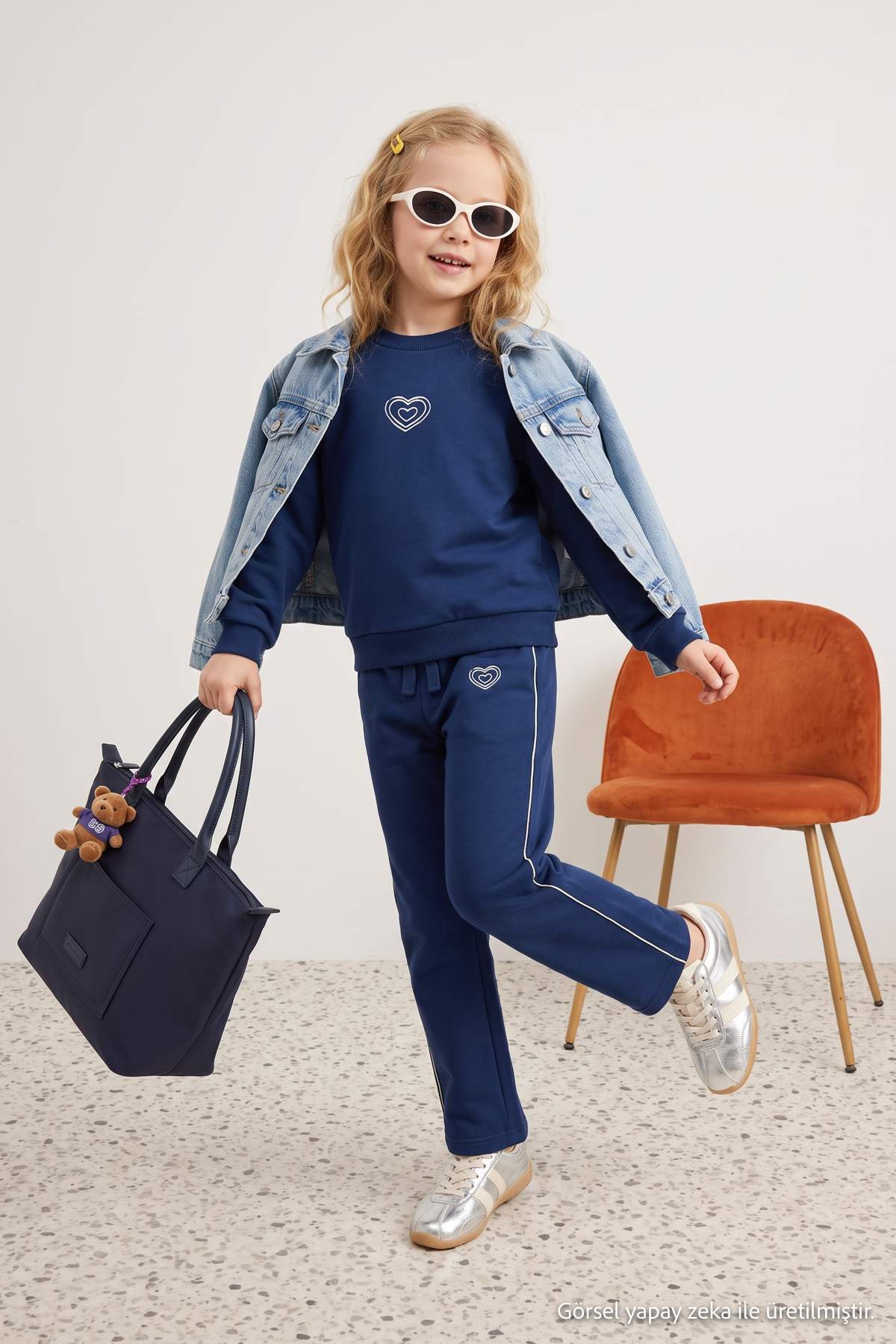 TRENDYOLKIDS Navy Blue Girls' Plain Knitted Top and Bottom Set Tkdaw27Au00006