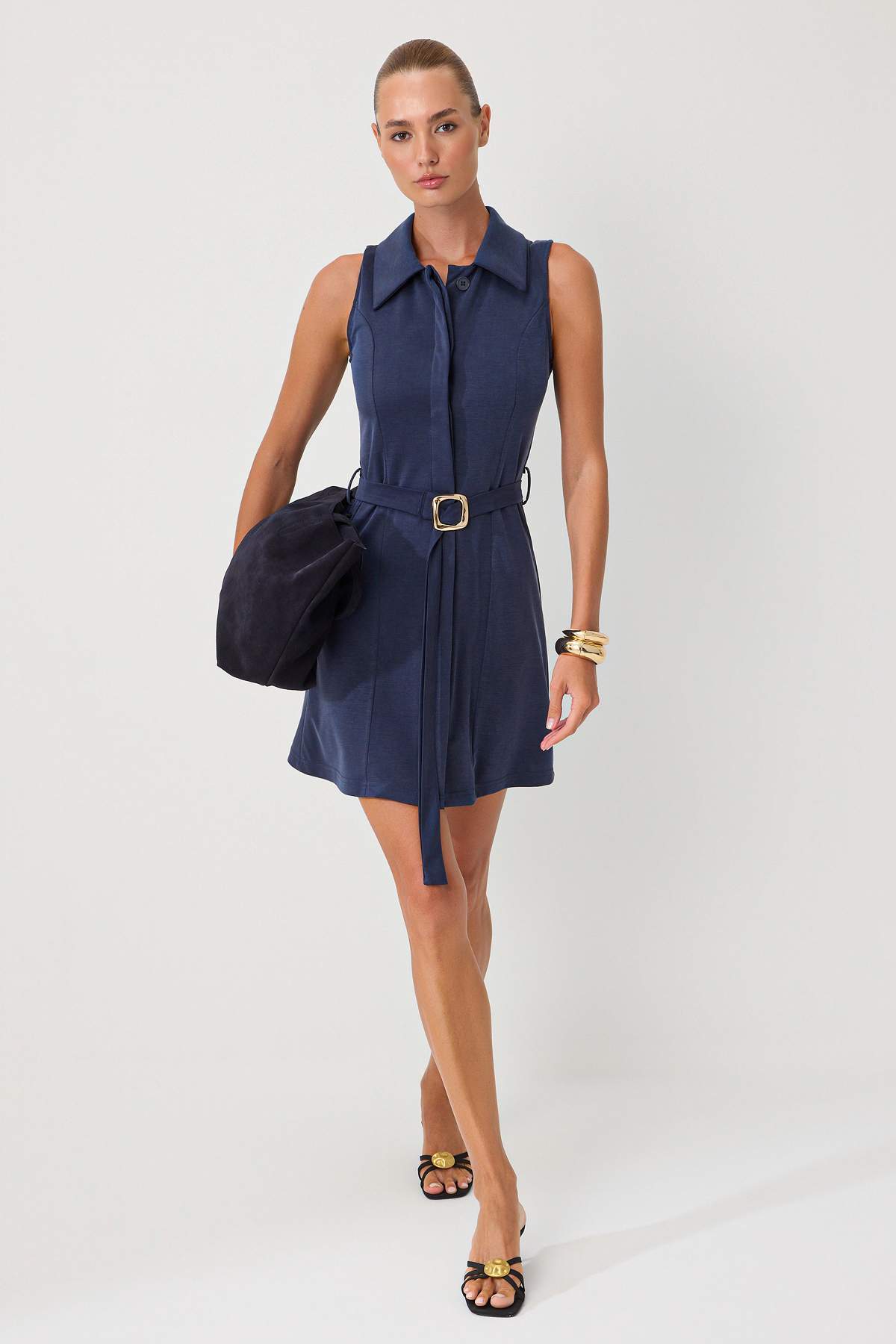Trendyolmilla Lacivert Düz A-line Polo Yaka Kolsuz Mini Modal Örme Elbise TWOSS26EL01212