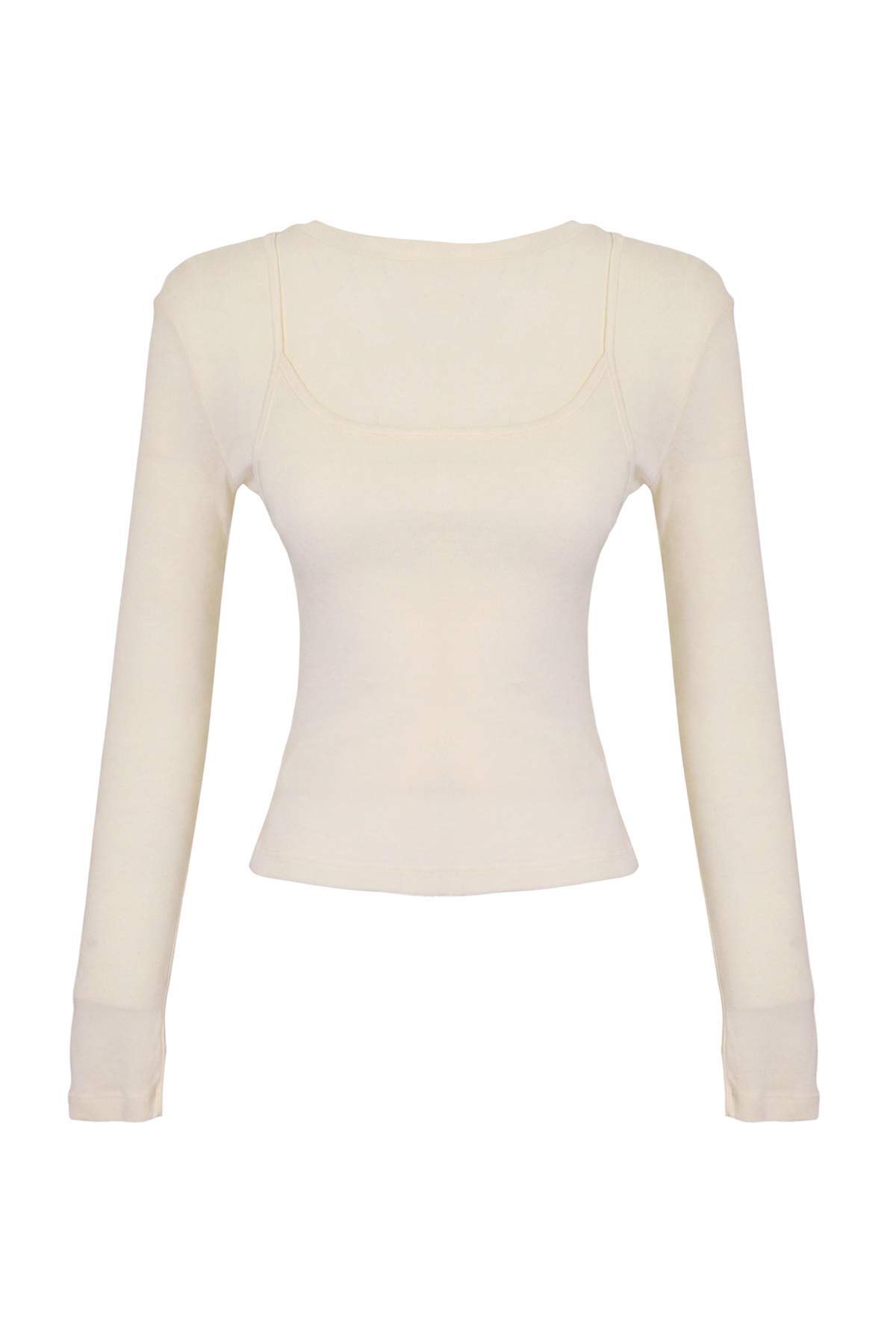 Trendyolmilla Ekru Kaşmir Karışımlı Transparan Çift Katlı Fitted/Vücuda oturan Örme Bluz TWOAW27BZ00109