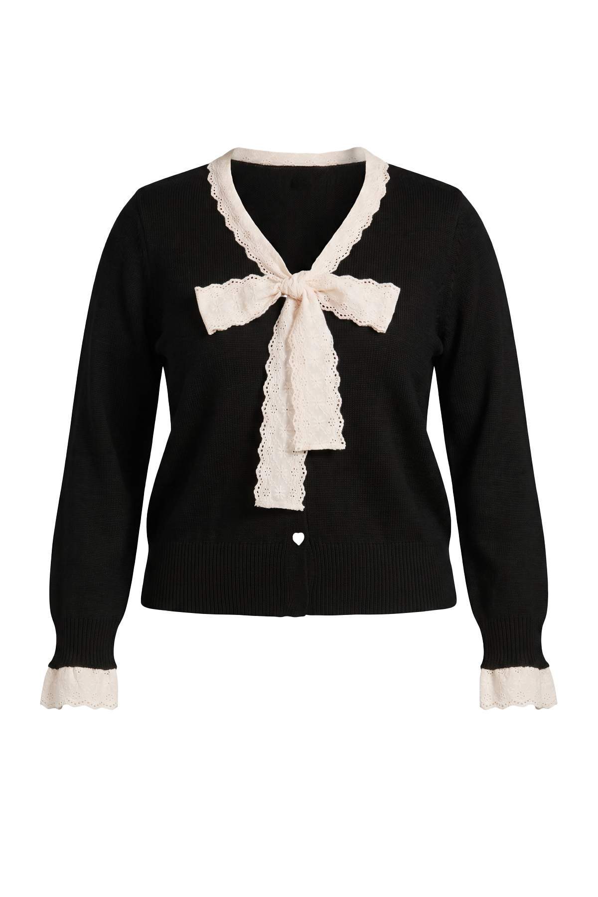 Trendyolmilla Curve Siyah Crop Dantel Garnili Kurdele/Fiyonk Detaylı Triko Hırka TBBAW27AV00004