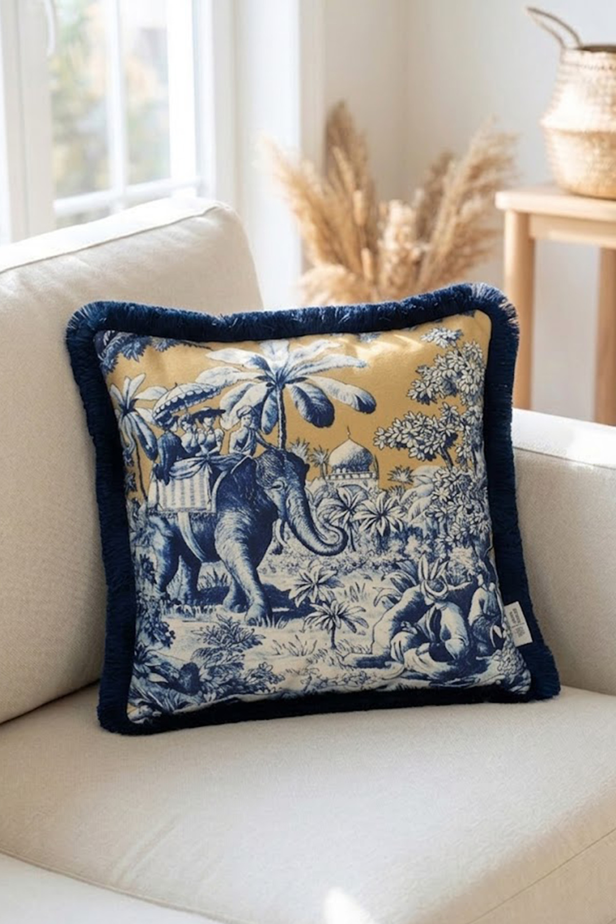 Navy Blue Fringed Elephant Pattern Decorative 43x43cm Square Pillow Case