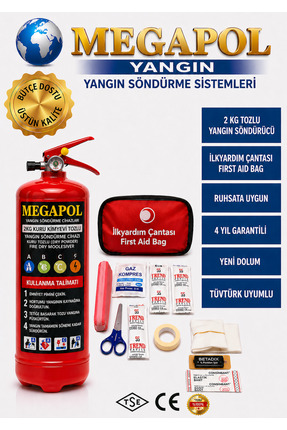 megapol 2 kg kkt tozlu ve ilk yardım seti yangın söndür tüpü, araç yangın tüpü ,