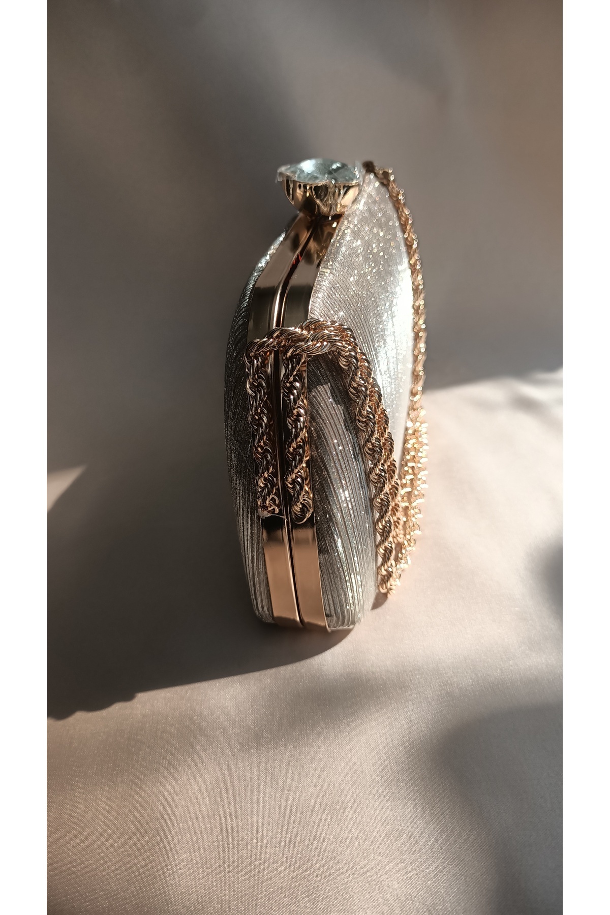 Gül Karatekin Kadın Gold Simli Burgu Zincirli Portföy Özel Gün Düğün Nişan Clutch Abiye Çanta görsel 3