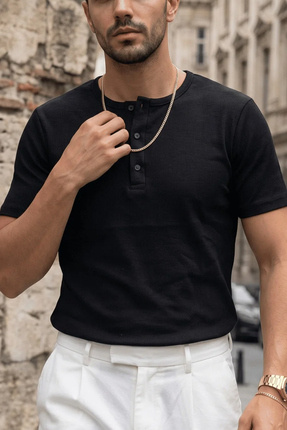 Teenage Millionaire Erkek Siyah Henley Yaka Tişört Üç Düğmeli Patlı Fitilli R...