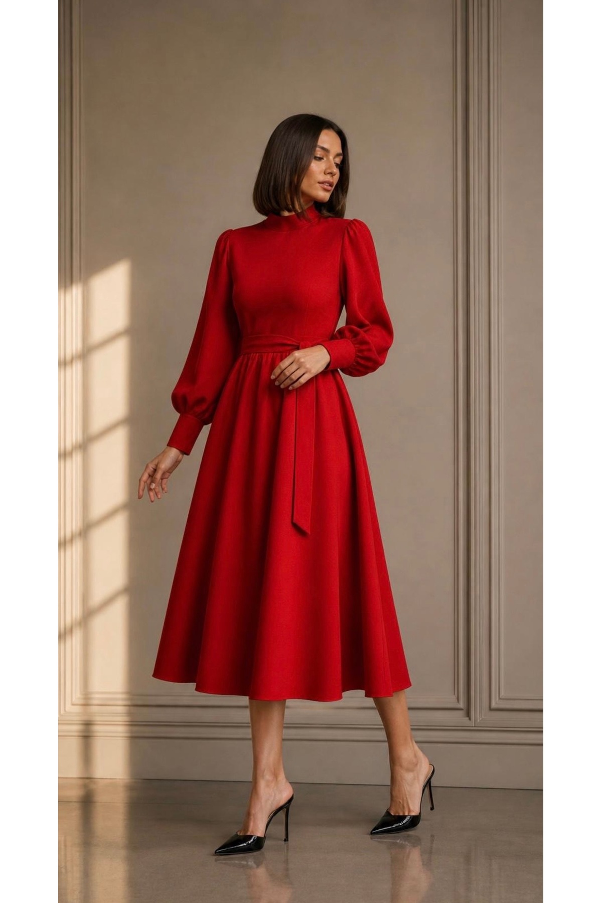 Red Flowing Fabric Midi Size Casual/Stylish Dress with Balloon Sleeves
