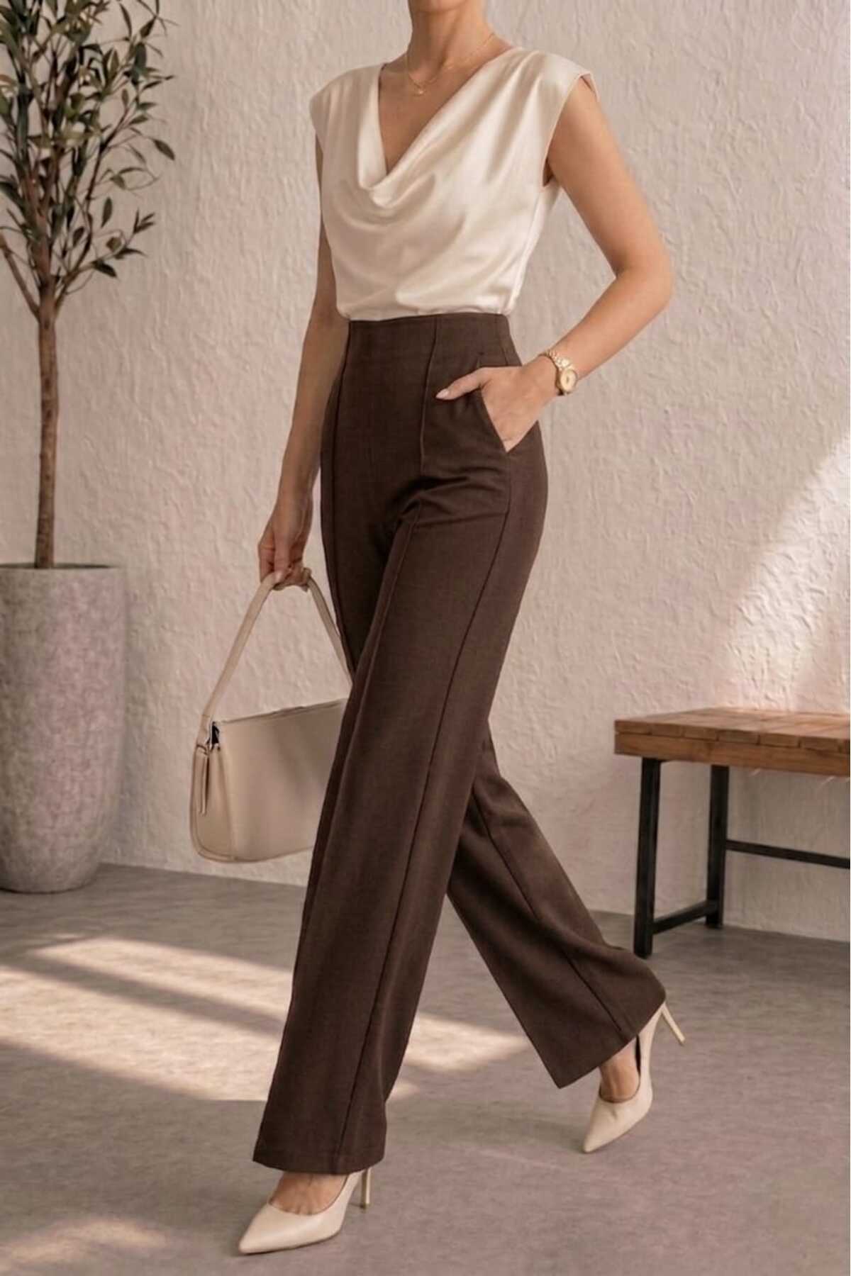 Women's Brown Self-Belted High Waist Lycra Roll-Up Palazzo Trousers with Grass Pockets