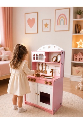 Buradadavar Hobi Ahşap Pembe Boyalı Mutfak Montessori Oyuncak Set Ekonomik Seri