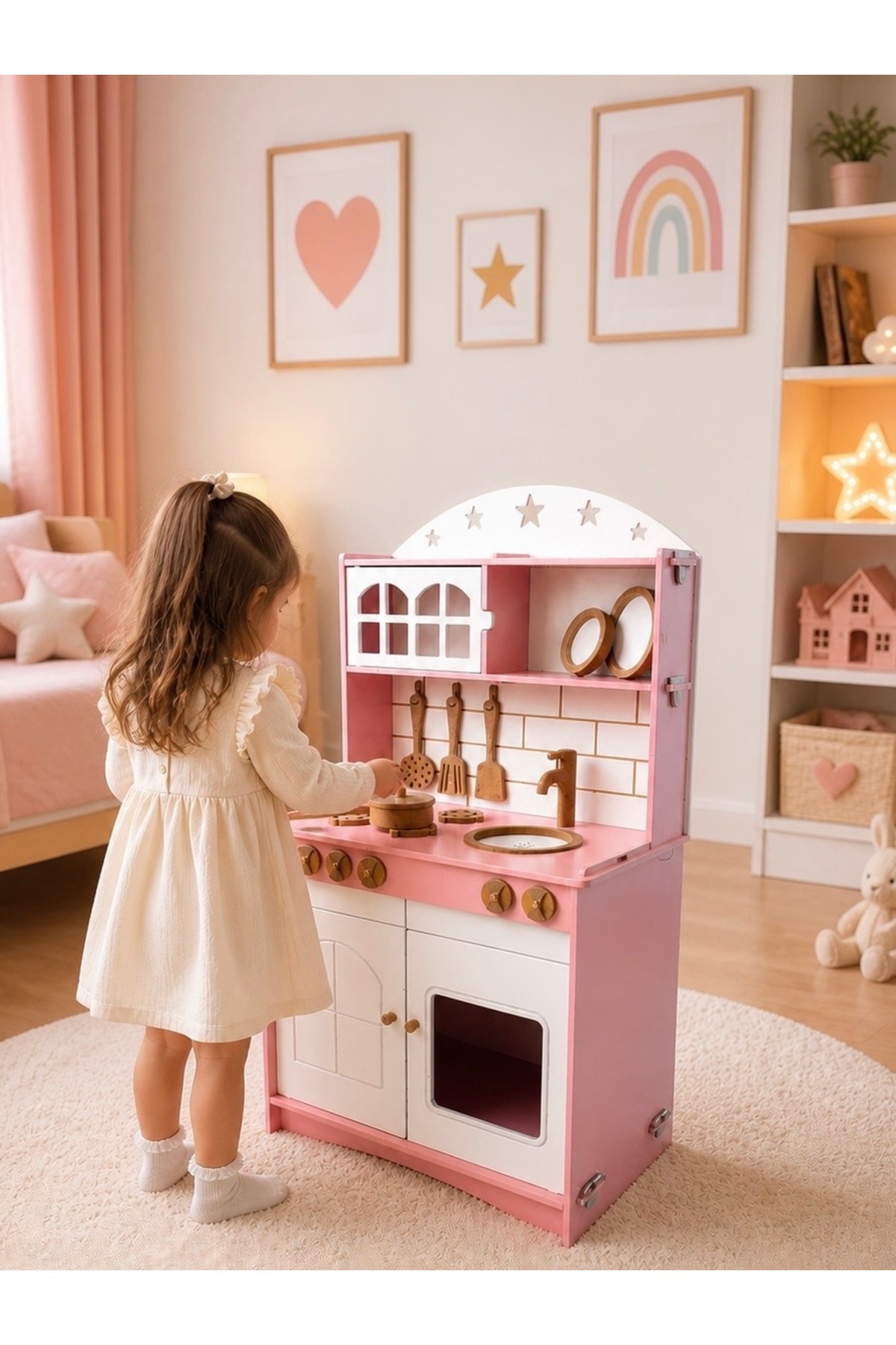 Buradadavar Hobi Ahşap Pembe Boyalı Mutfak Montessori Oyuncak Set