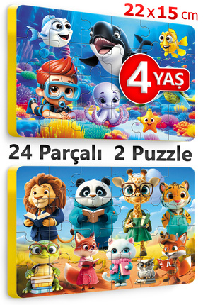 EVAKANCA 24 Parçalı 2 Adet Kalın Çocuk Puzzle Yapboz Hayvanlar