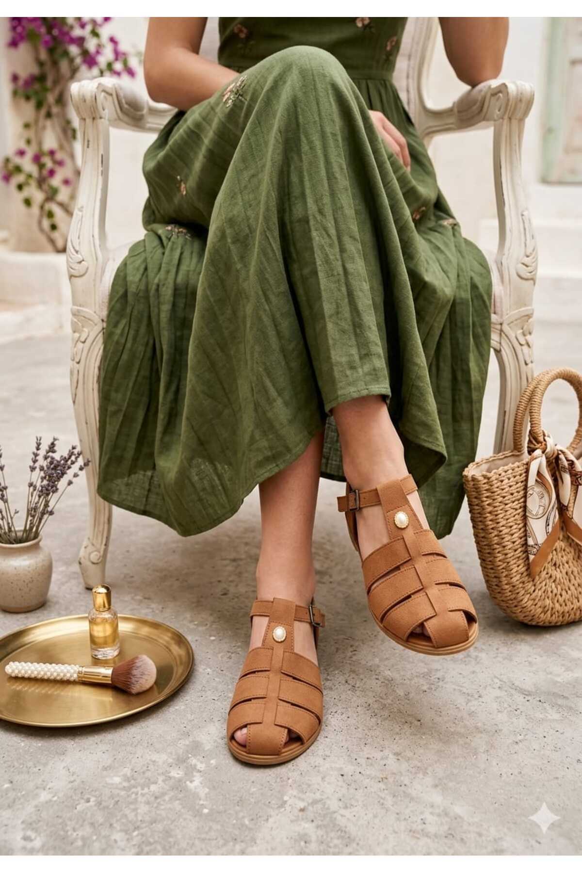 WOMEN 'S TAN SUEDE OPEN BACK LASTIC AND BELT ADJUSTABLE SANDALS
