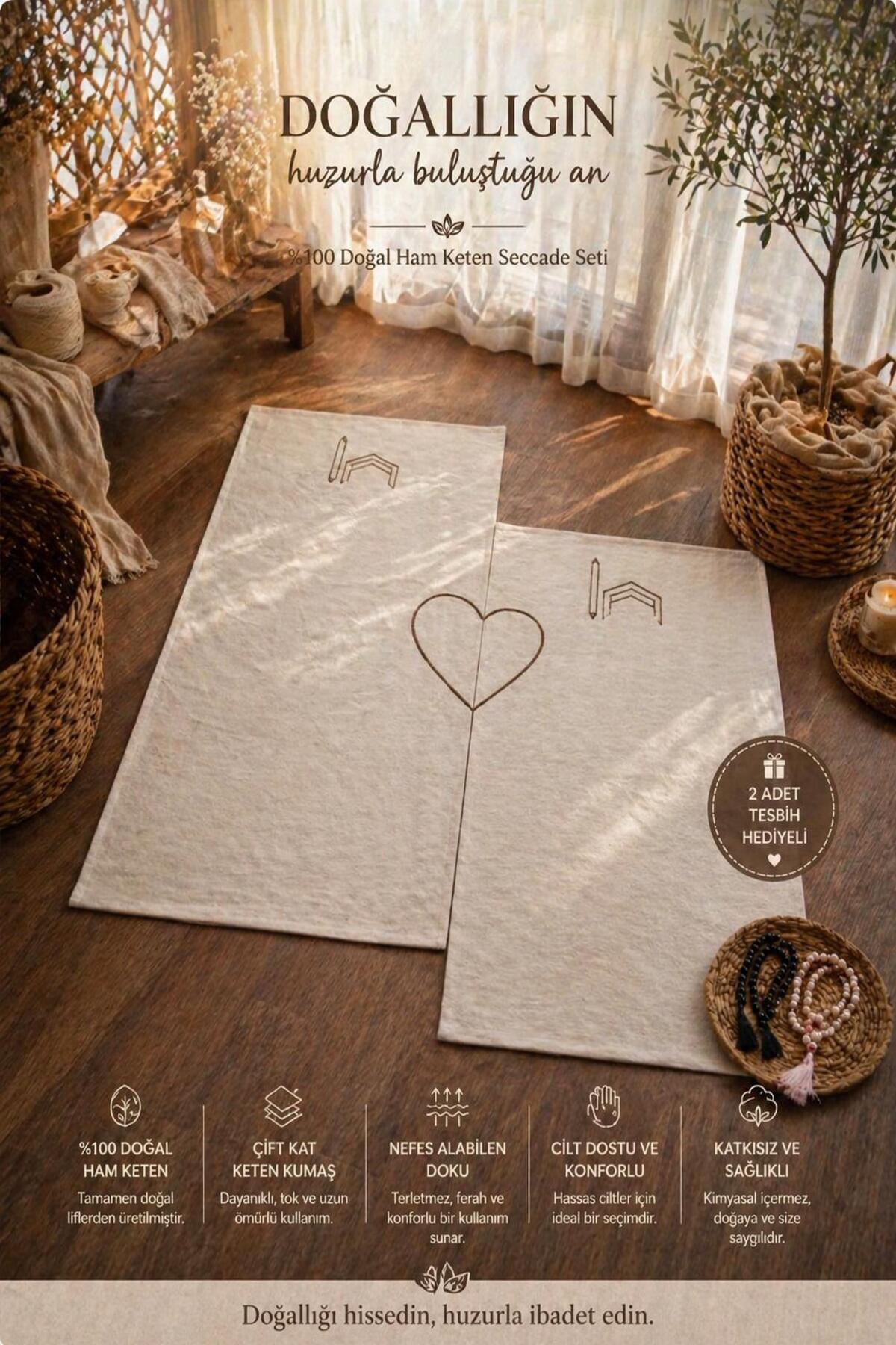 Kaaba Embroidered Paired 100% Natural Linen Dowry Prayer Sheet Prayer Sheet Prayer Set