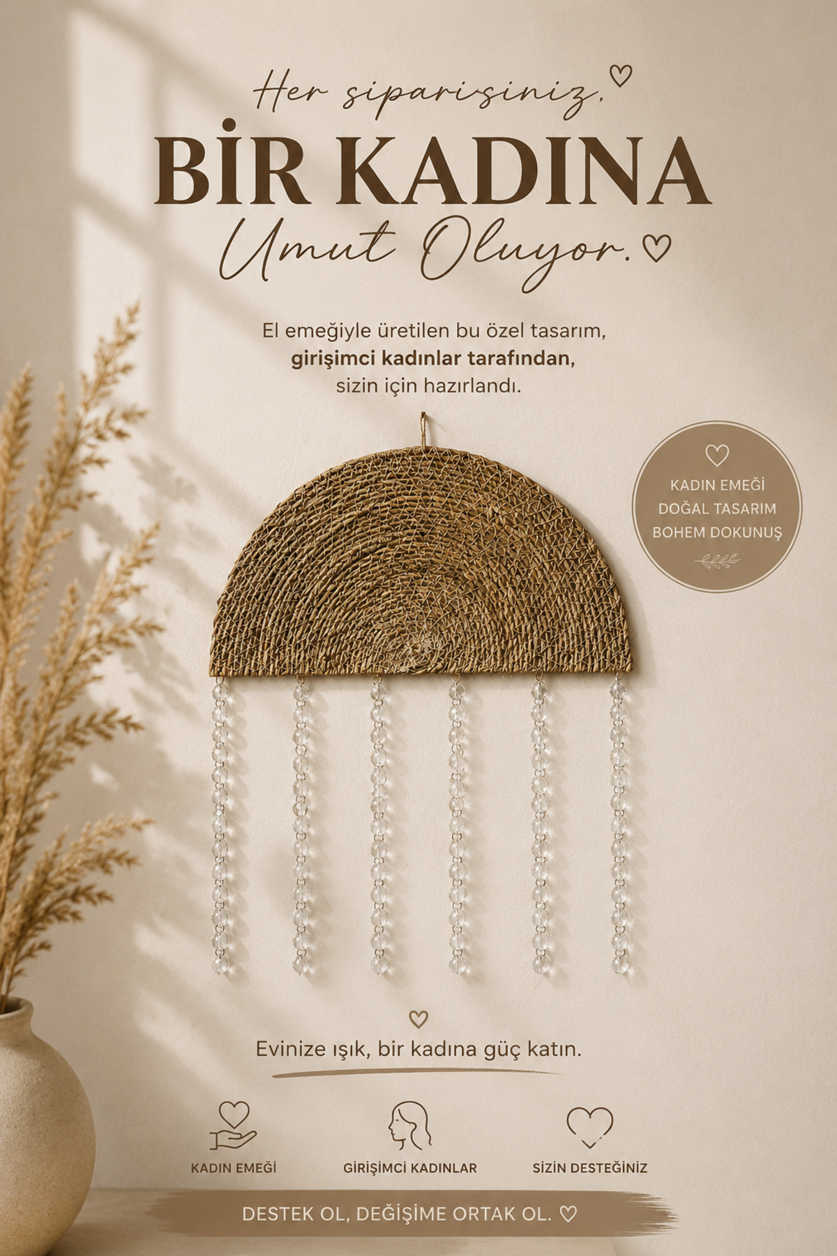 Half Moon Long Crystalline Bohemian Natural Wicker Wall Decor Decorative Wall Decoration Natural Fibre Wall Ornament Bohemian Rustic Modern Home Lounge Foyer Handmade Decorative Wall Ornament Accessory