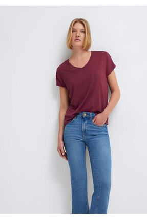 Mavi V Yaka Bordo Basic Viskoz Tişört Regular Fit / Normal Kesim 167714-70393