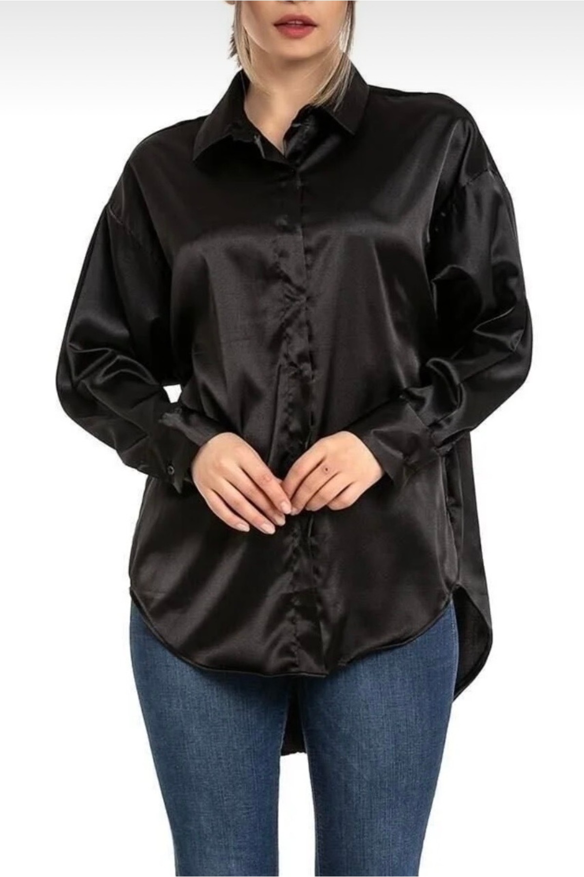 Chemise coupe loose en satin noir - EMMAS CLOTHING - Görsel 10