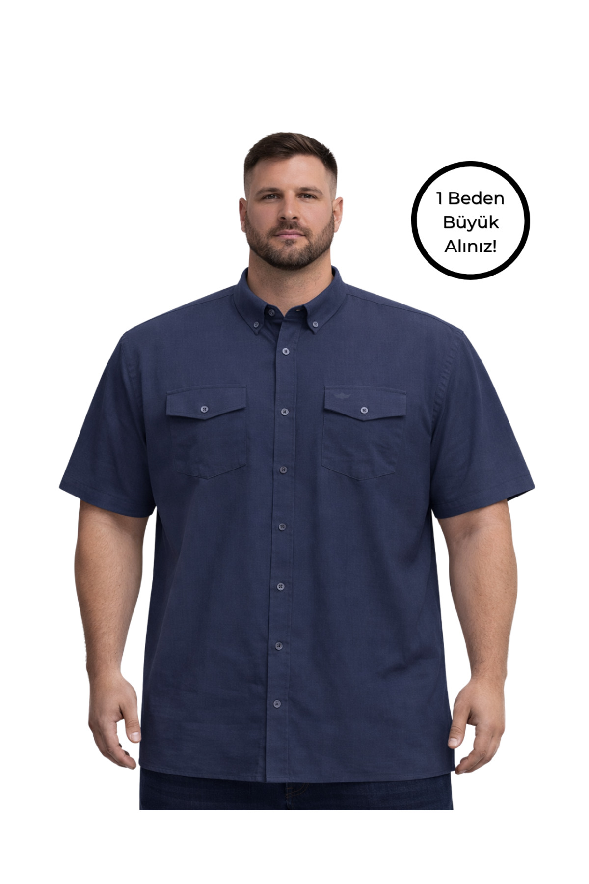 BattalModa Erkek Büyük Beden Lacivert Çift Cepli Kısa Kollu Gömlek 3XL-4XL-5XL-6XL-7XL-8XL