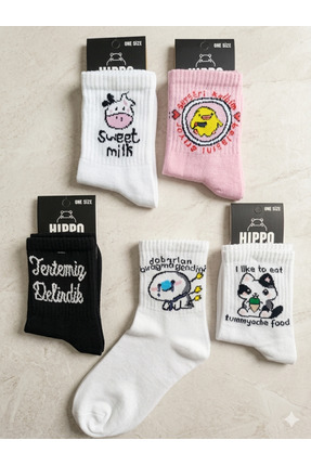 Hippo 5 ÇİFT Yazılı Neşeli Kolej Tenis Çorap Dikişsiz Coton