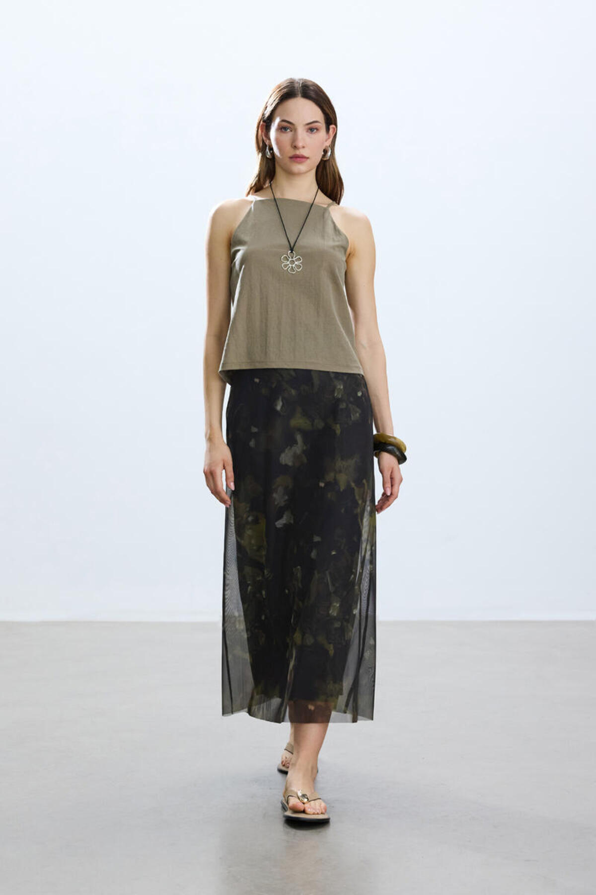 KHAKI BRUSH PATTERNED TULLE SKIRT