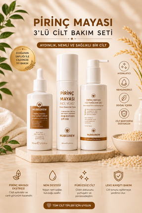 NUBEDREW Pirinç Mayası 3’lü Cilt Bakım Seti – Tonik + Leke Karşıtı Serum + Yü...