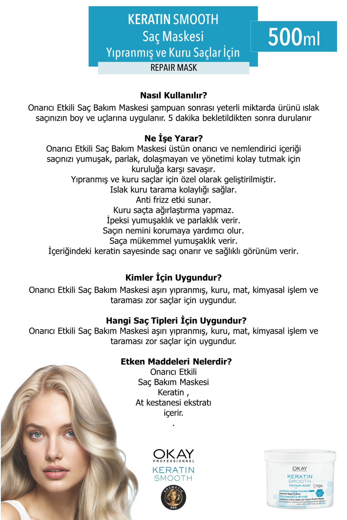 Keratin Smooth Onarıcı Maske 500 ml X 2 Adet — OKY142855 — تصویر 2 از 3