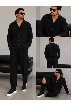 WENMİNG Erkek Sahra Kumaş Çizgili Pantolon Gömlek Alt Üst Takım