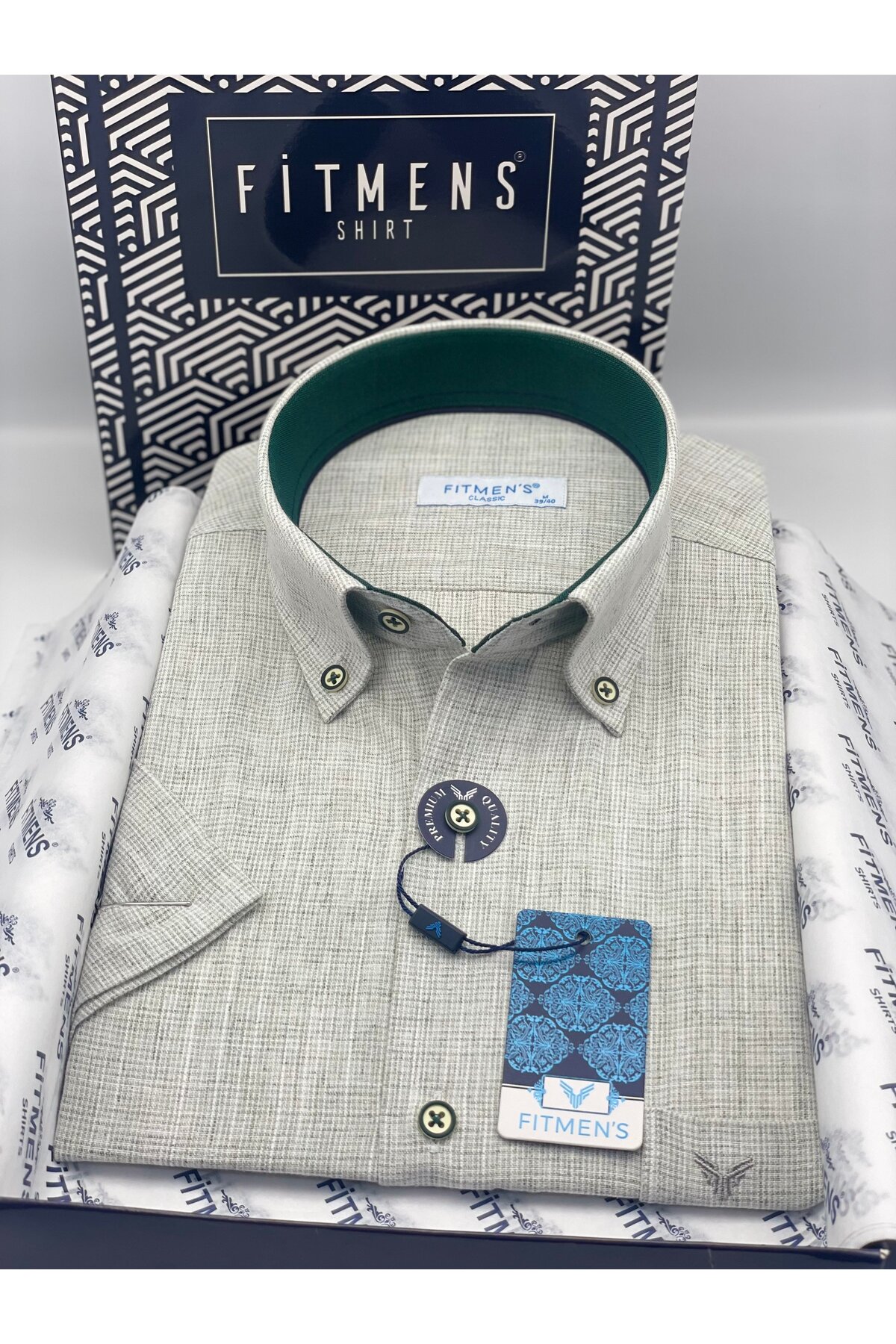 Classic Short Sleeve Linen Neck Buttoned Gift Boxed Men's Shirt FS-003626-Green