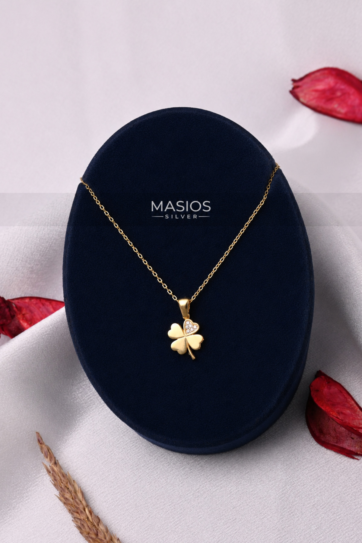 Masios Silver Zirkon Taşlı Gold Renk 4 Yapraklı Yonca Model 925 Ayar Gümüş Kolye görsel 3