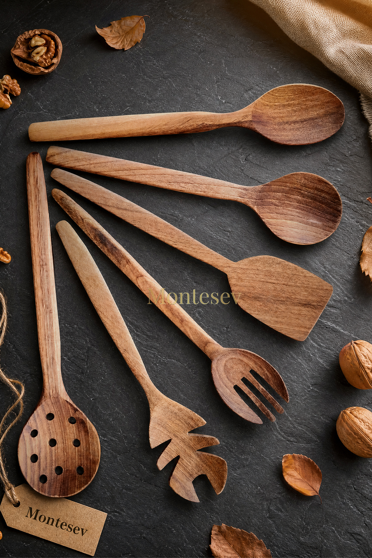 Natural Walnut Wood Wooden Wooden Spoon Spatula Colander Fork Set Wooden Spoon (Set of 6) CVZ-236